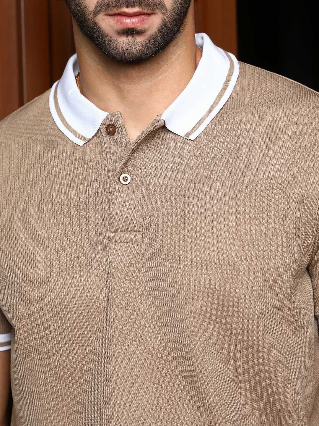 Campus Sutra Men Self Design Polo Collar Cotton T-shirt