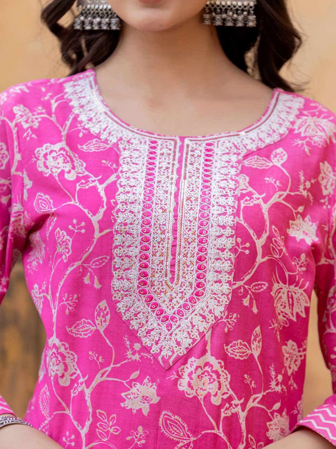 Varanga Floral Printed Regular Thread Work Kurta with Trouser & Dupatta