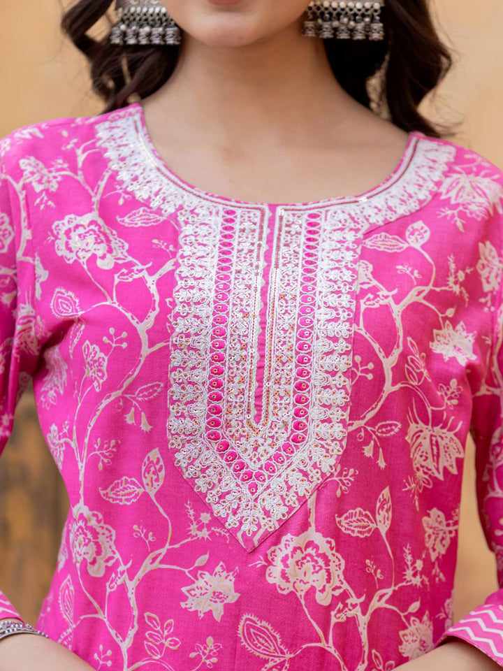 Varanga Floral Printed Regular Thread Work Kurta with Trouser & Dupatta