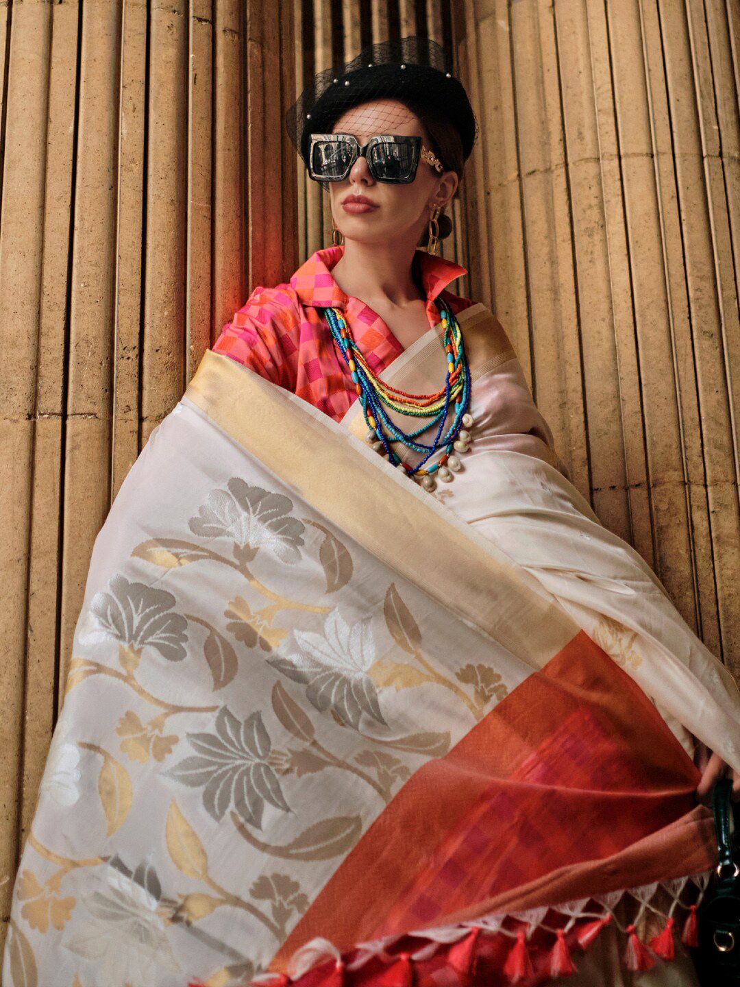Saree mall Off White Pink Toned Woven Design Zari Silk Banarasi Sarees