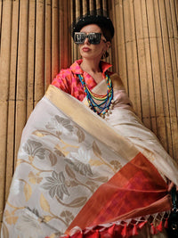 Saree mall Off White Pink Toned Woven Design Zari Silk Banarasi Sarees