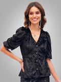 SASSAFRAS Black Abstract Printed Puffed Sleeves Velvet Front Button Top