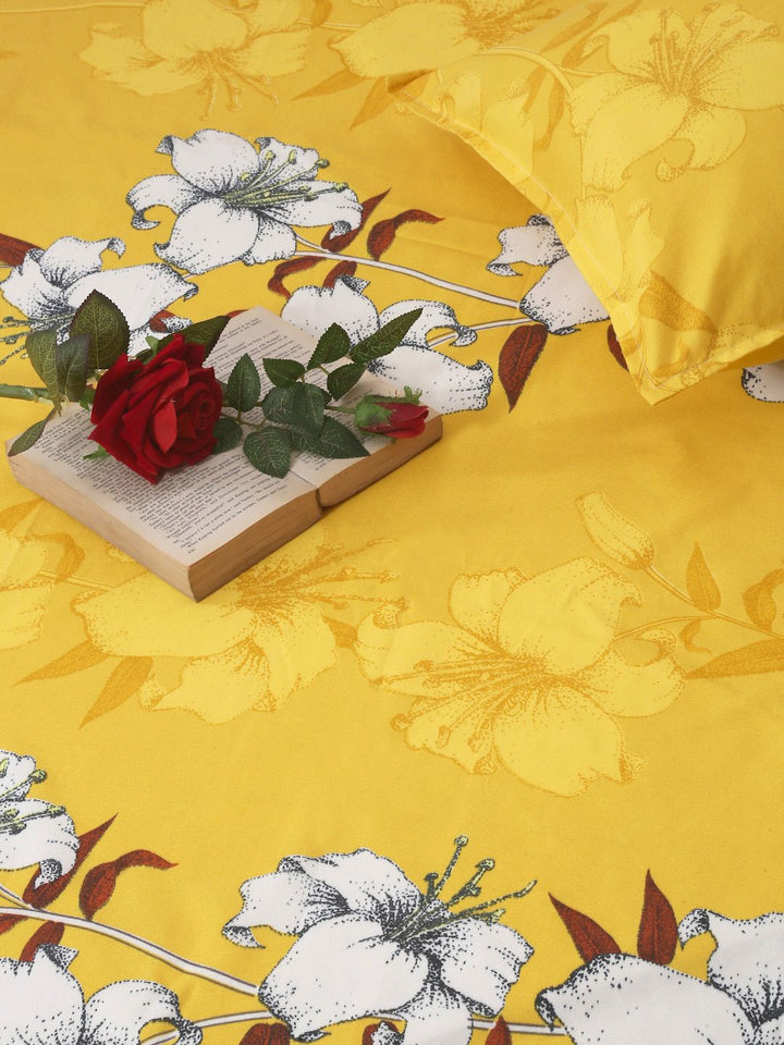 Myntra Elegant Homes Yellow Floral Polycotton 300 TC Fitted King Fine Bedsheet with 2 Pillow Covers-98 x 87 inches