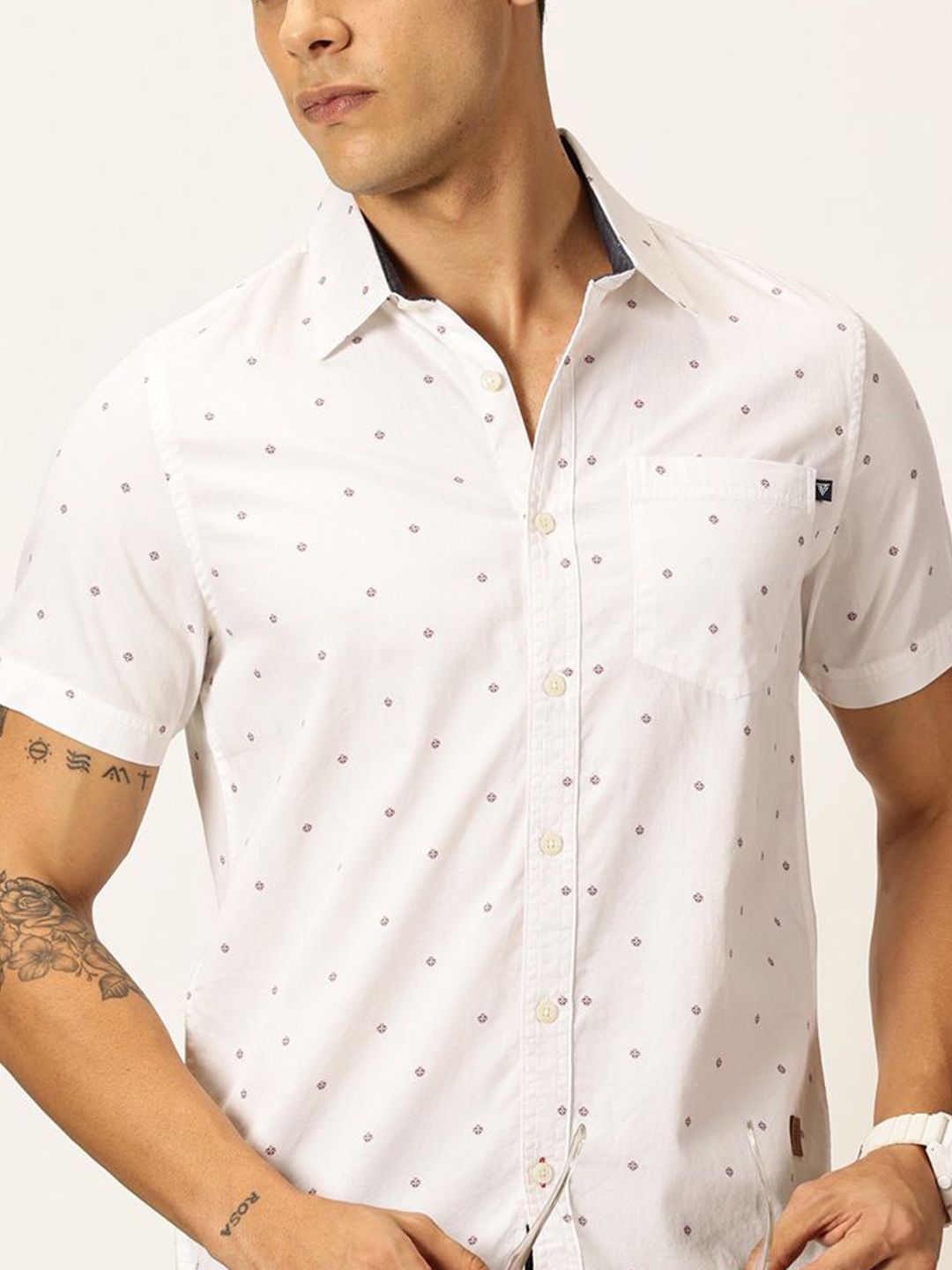 Thomas Scott Men Premium Spread Collar Micro Ditsy Printed Cotton Slim Fit Casual Shirt