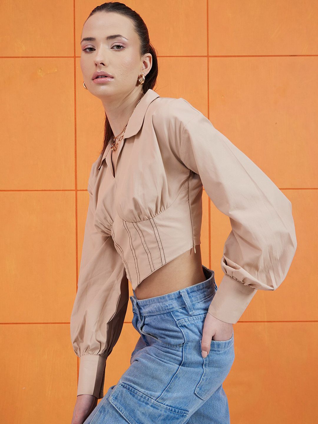 STREET 9 Beige Shirt Collar Pure Cotton Crop Corset Top