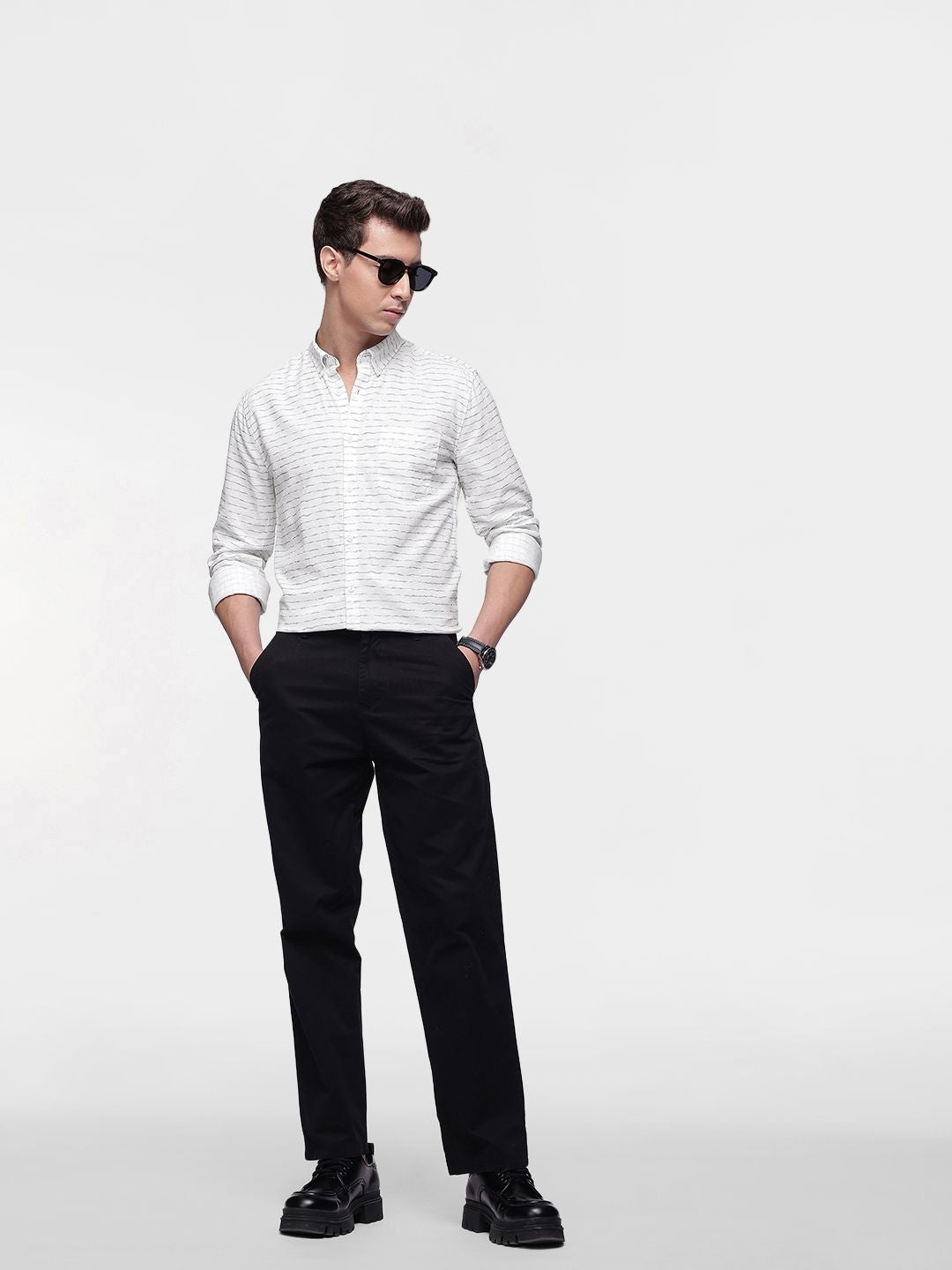 French Connection Linen Cotton Self Design Slim Fit Opaque Casual Shirt