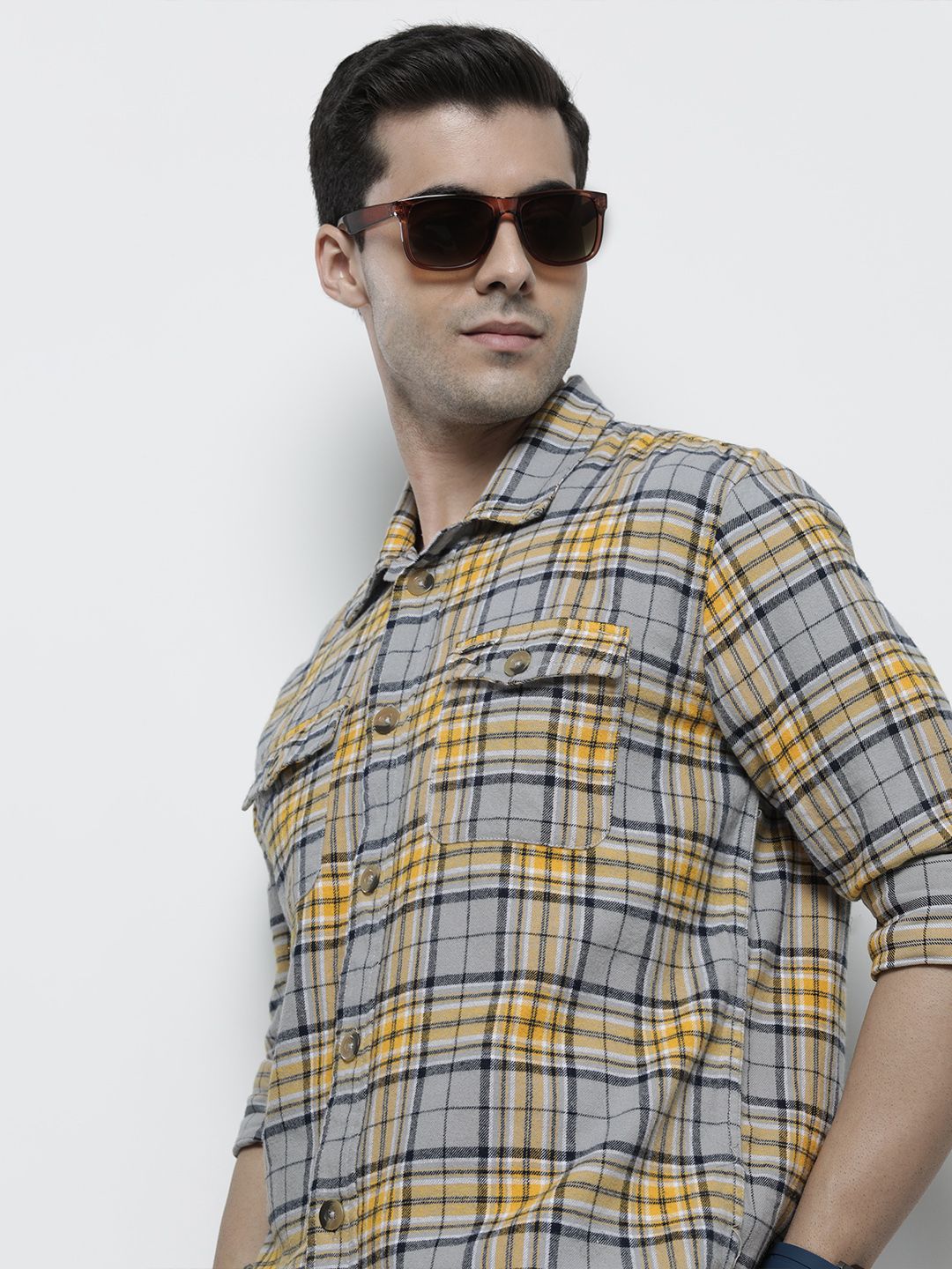 The Indian Garage Co Men Regular Fit Checked Double Flap Pocket Flannel Shirt