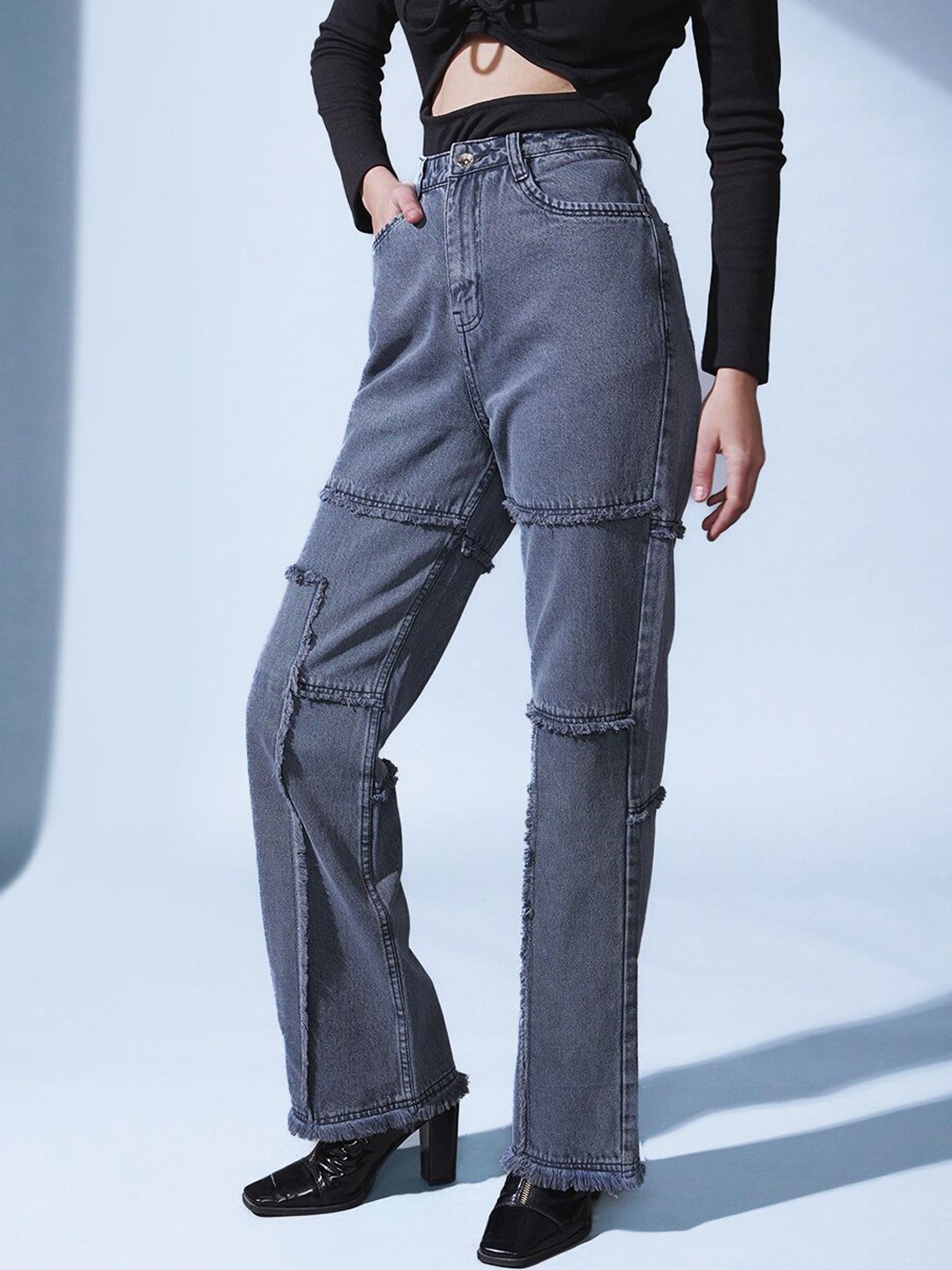 STREET 9 Women Grey Smart Straight Fit High-Rise Highly Distressed Light Fade Jeans