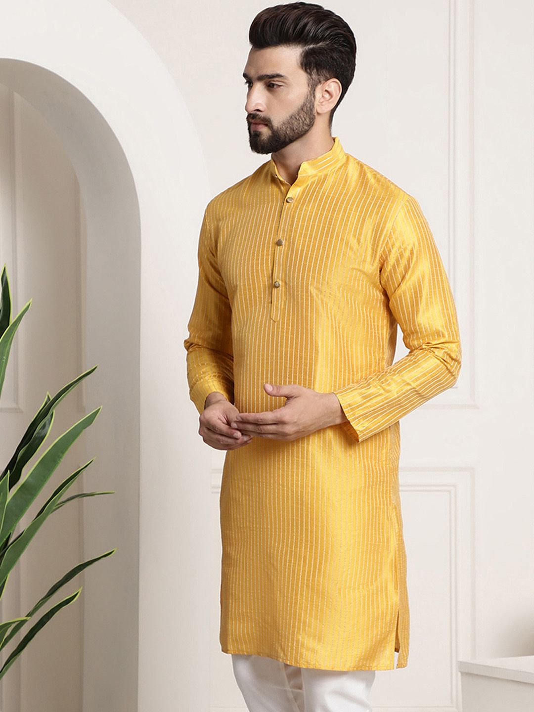 SOJANYA Kolar Jalur Berjalur Lengan Panjang Kurta Lurus