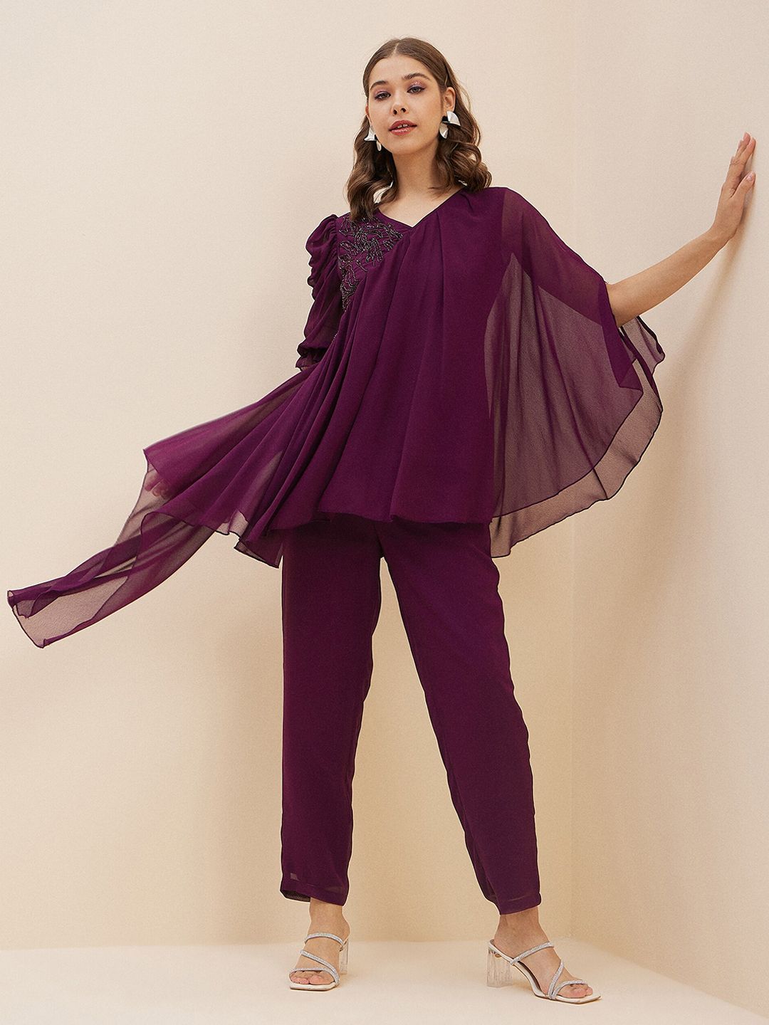 Antheaa Purple Embellished Top With Trousers