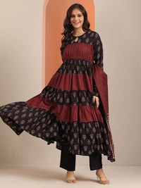 Libas Womens Black Printed Cotton Anarkali Kurta With Churidar & Dupatta