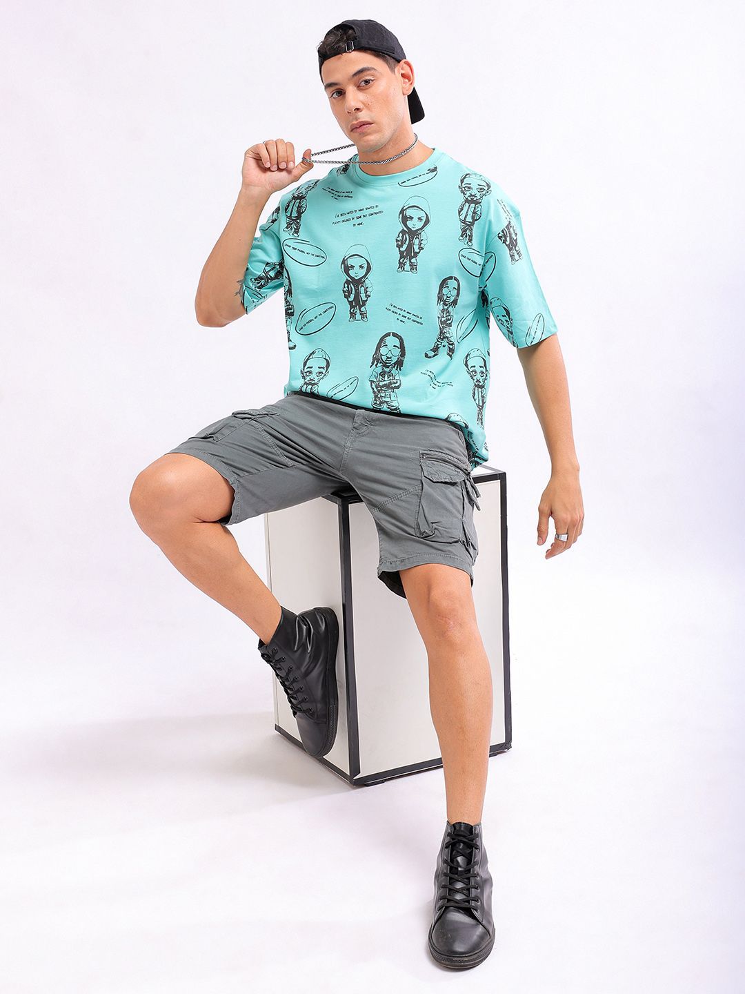 The Indian Garage Co Men All Over Printed Round Neck Boxy Oversized T-shirt