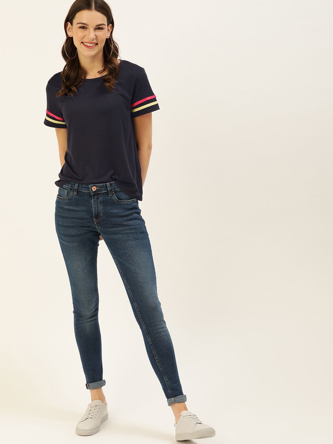 DressBerry Women Navy Blue Solid Round Neck T-shirt
