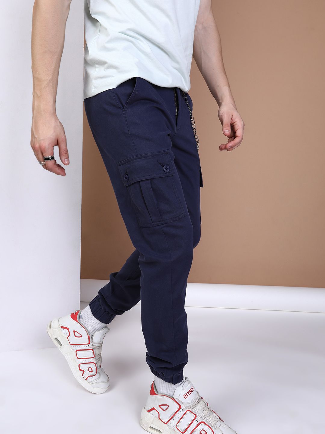 The Indian Garage Co Men Navy Blue Solid Slim Fit Cargo Joggers