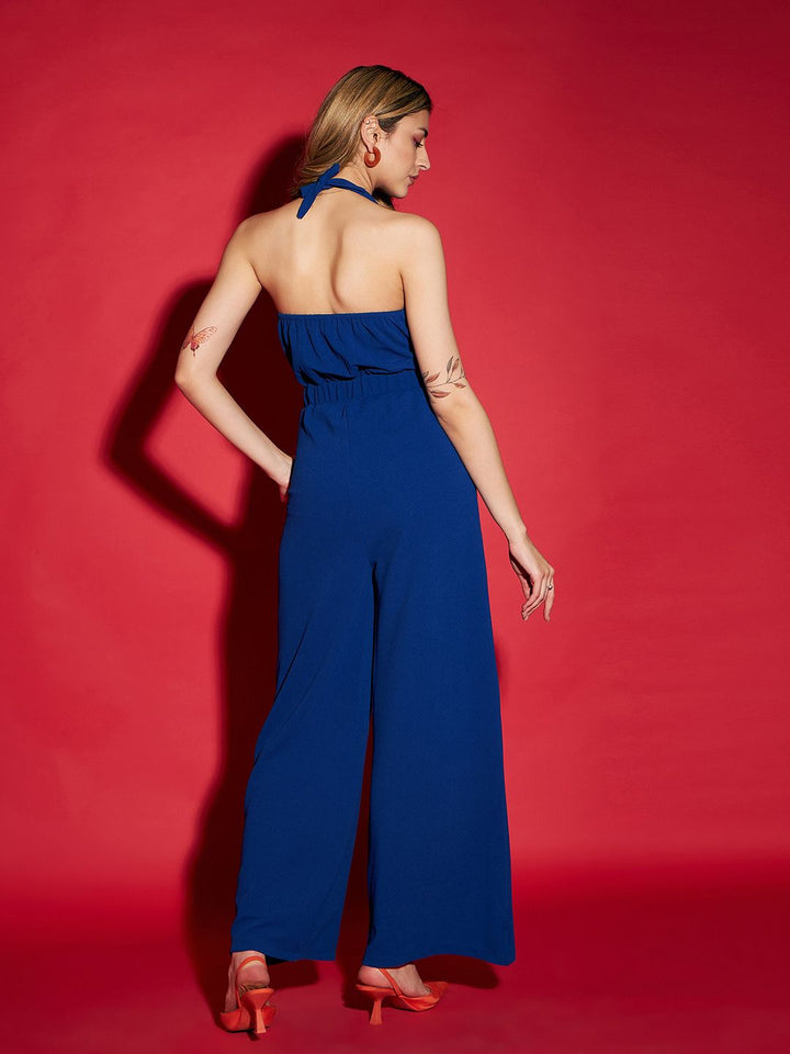 SASSAFRAS Navy Blue Halter Neck Basic Jumpsuit With Ruffles