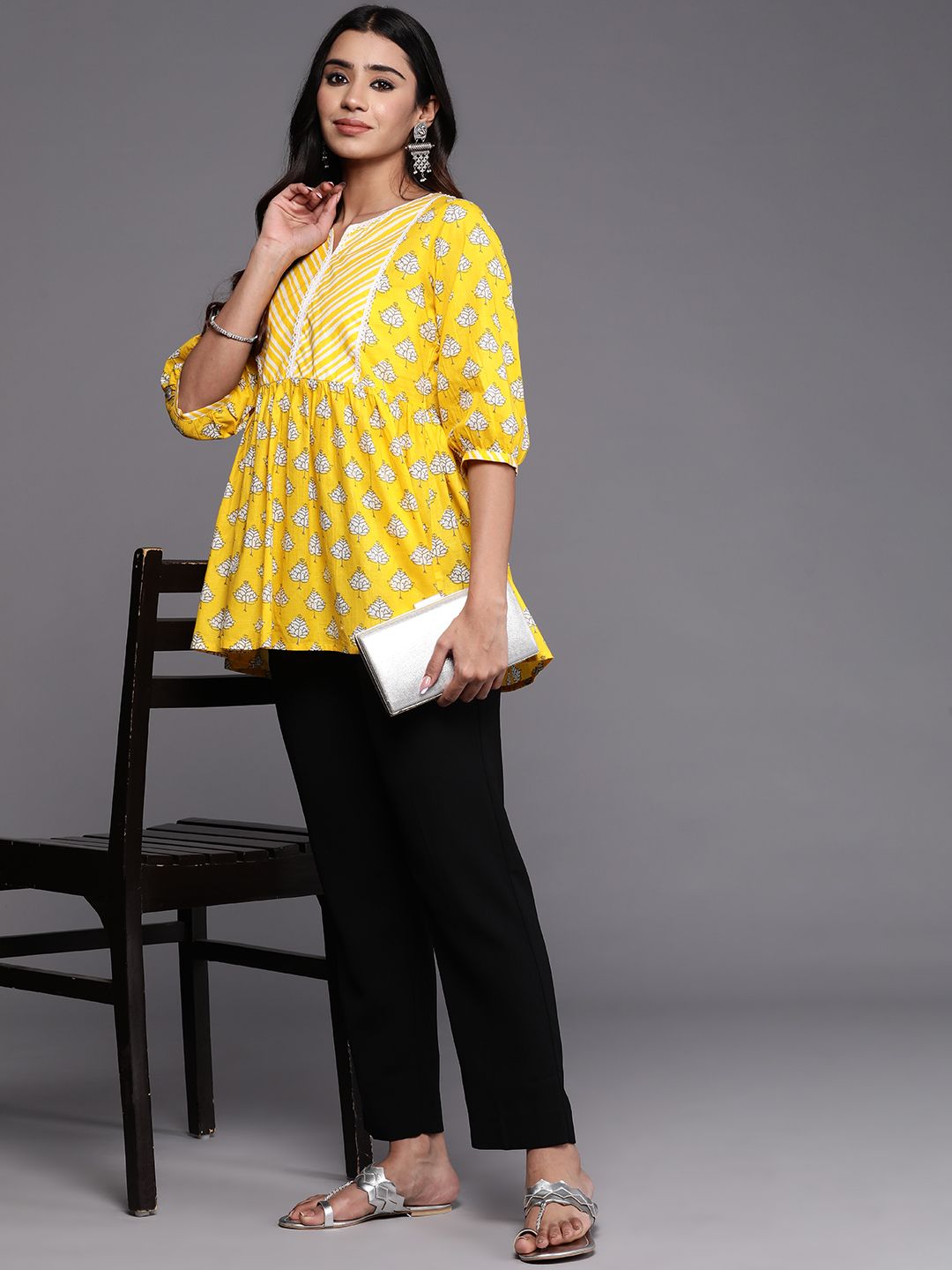 Libas Women Floral Printed Puff Sleeves Pure Cotton Empire Kurti
