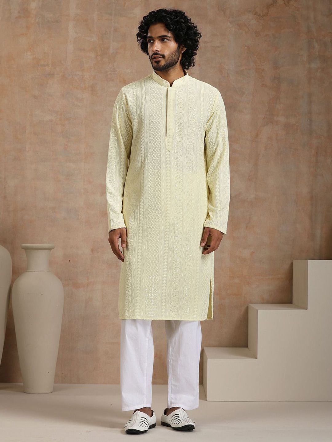 House of Chikankari Men Cream Rayon Sulam Kurta
