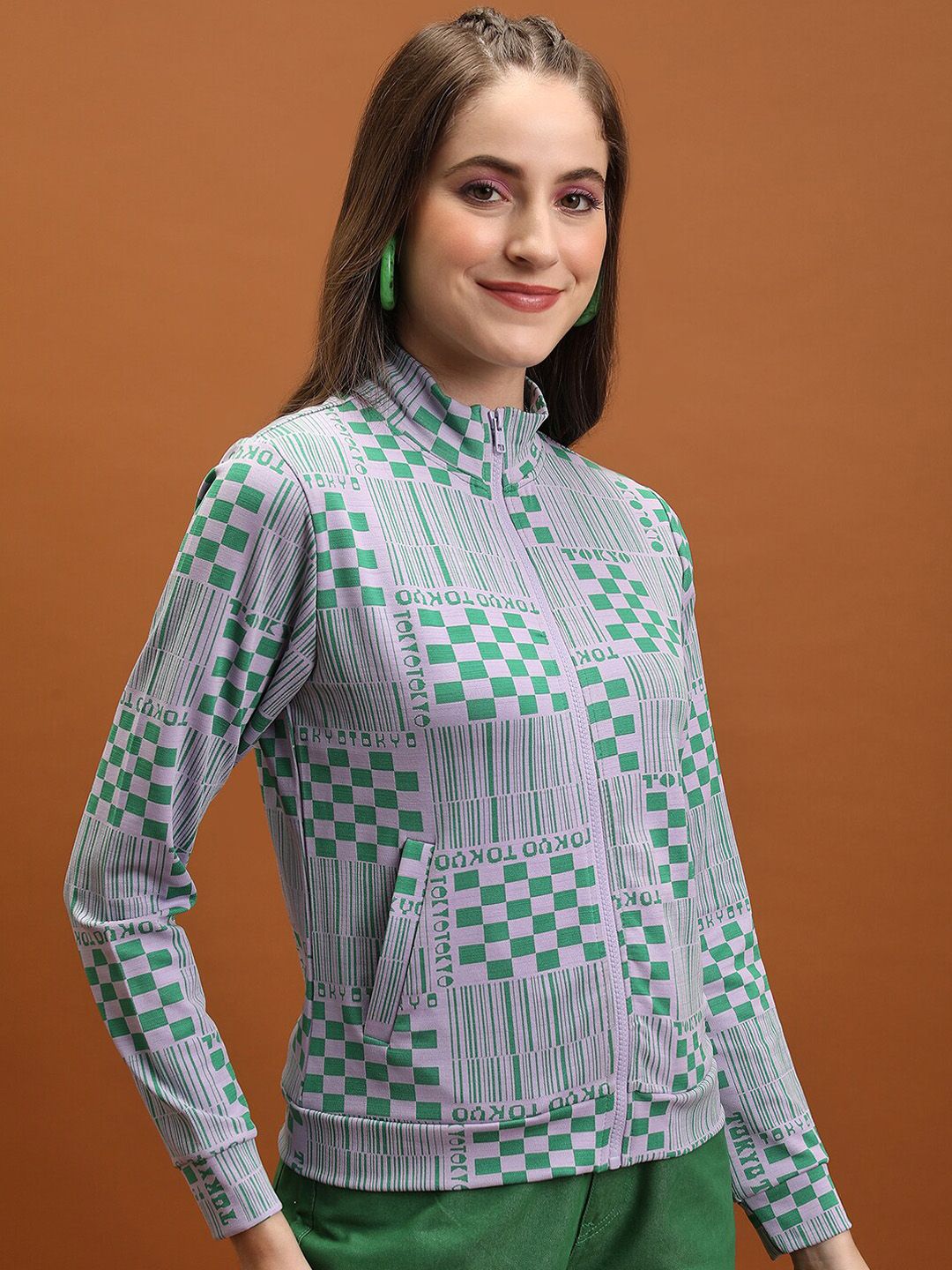 Tokyo Talkies Grey Geometric Printed Mock Collar Jacquard Open Front Jacket
