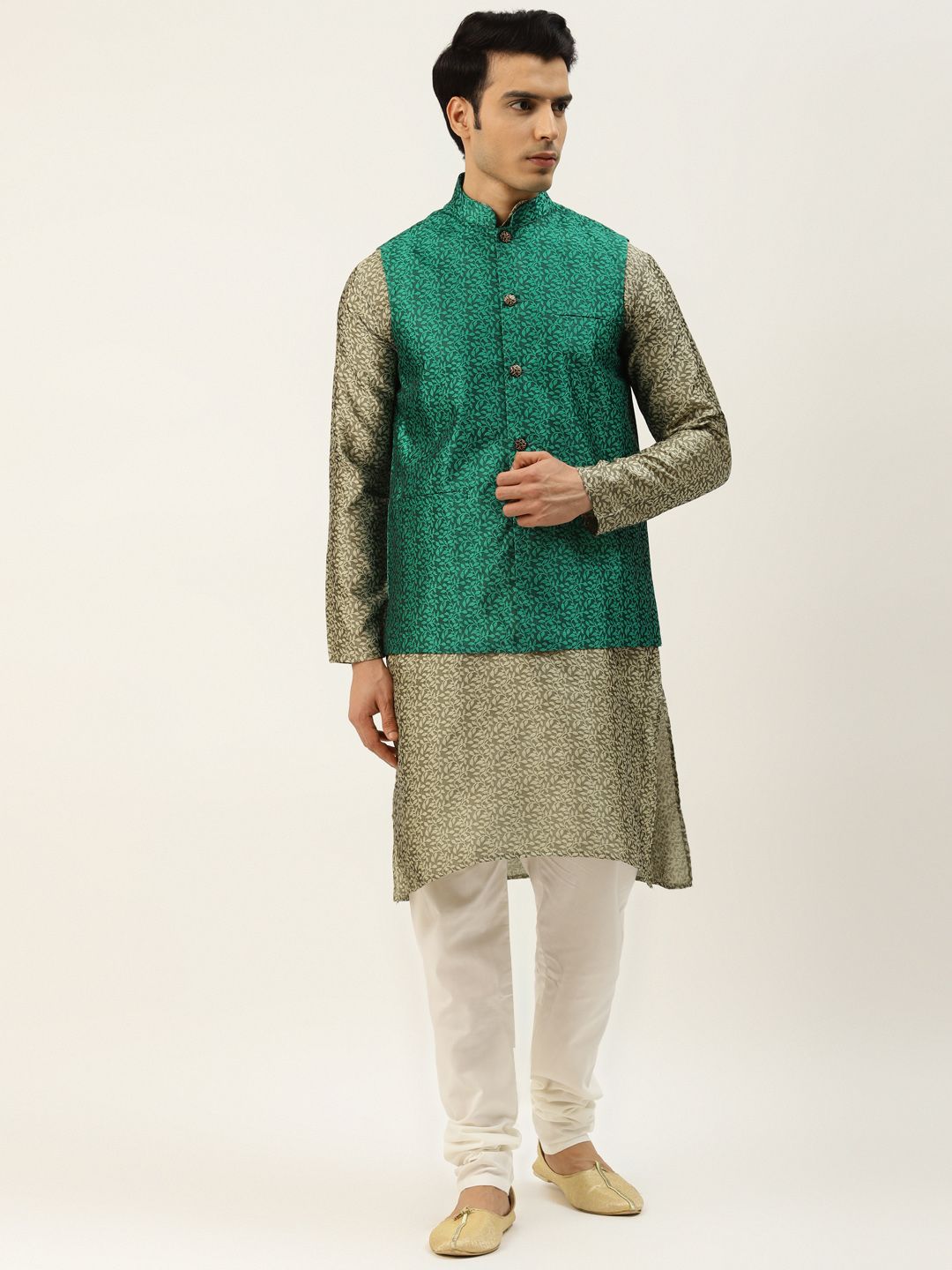 SOJANYA Men Green & Beige Ethnic Motifs Woven Design Kurta with Churidar & Nehru Jacket