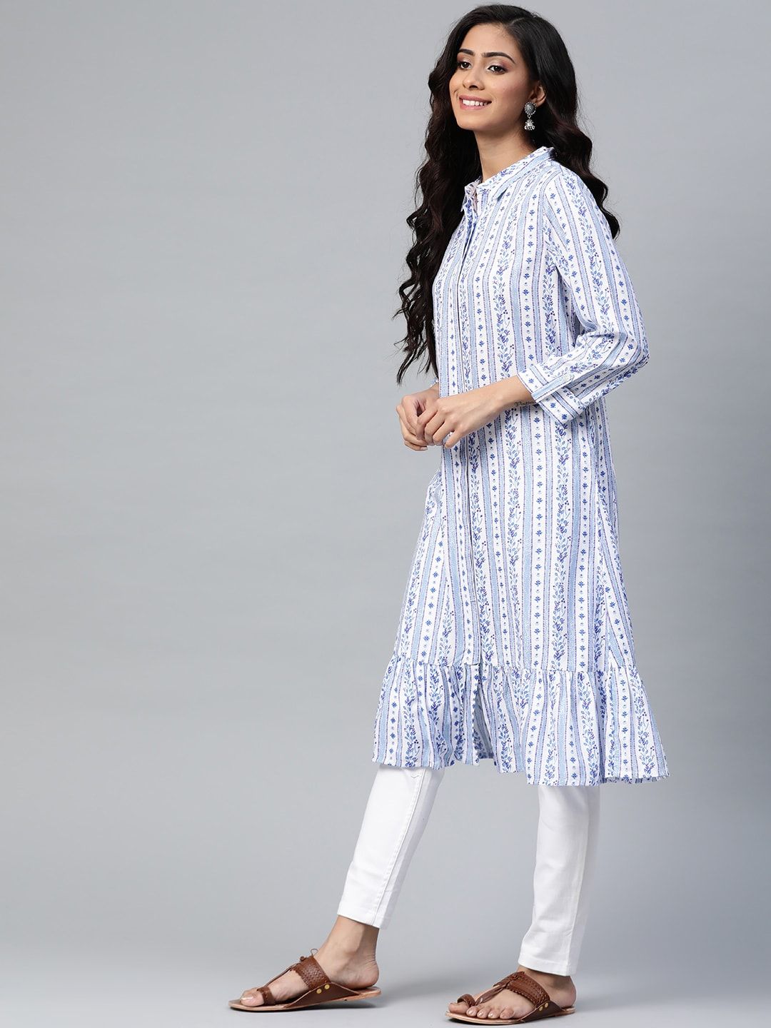 Global Desi Women White & Blue Striped Roll-Up Sleeves A-Line Kurta