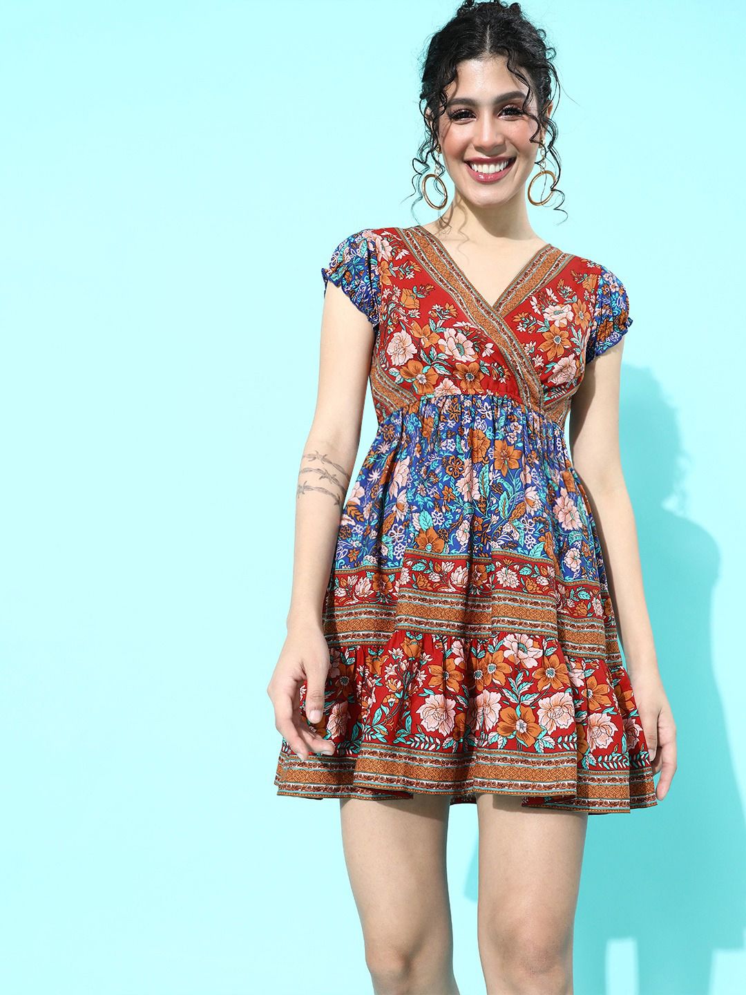 Berrylush Women Blue & Red Floral Mini Fit & Flare Dress
