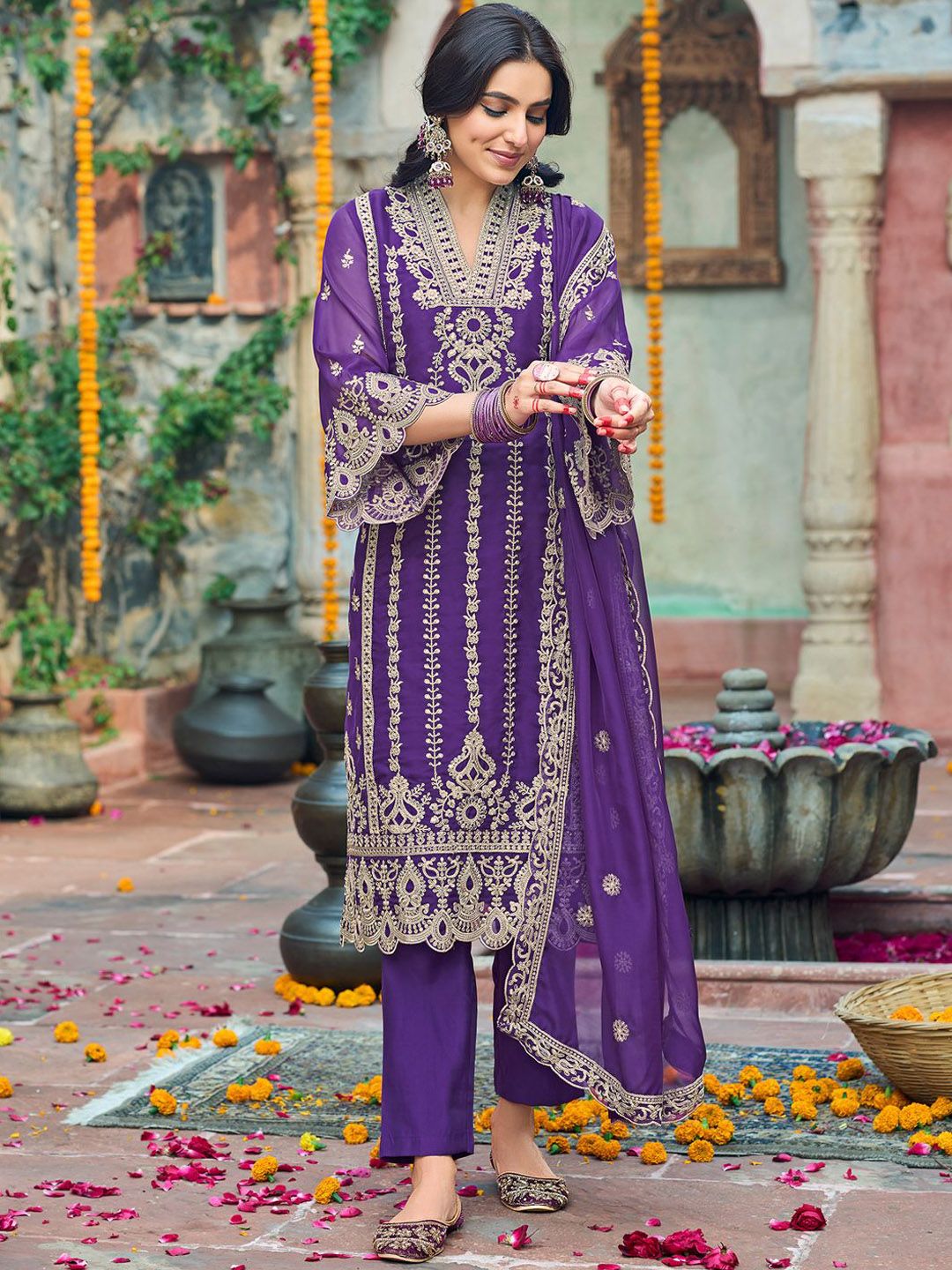 Indo Era Floral Embroidered V-Neck Zari Organza Straight Kurta With Trousers And Dupatta