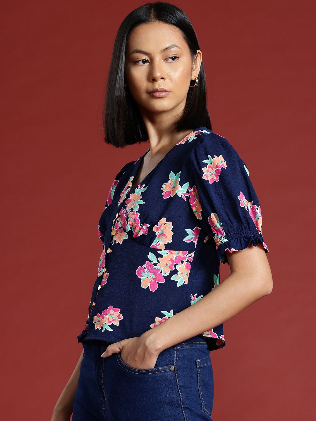 all about you Floral Printed Top with Puff Sleeves