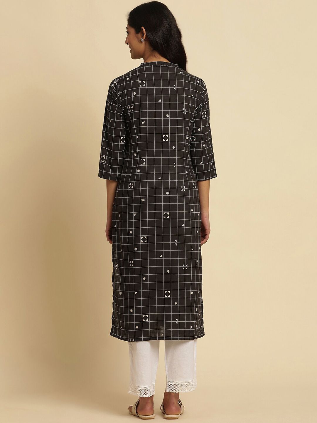 W Checked Mandarin Collar Pure Cotton Straight Kurta