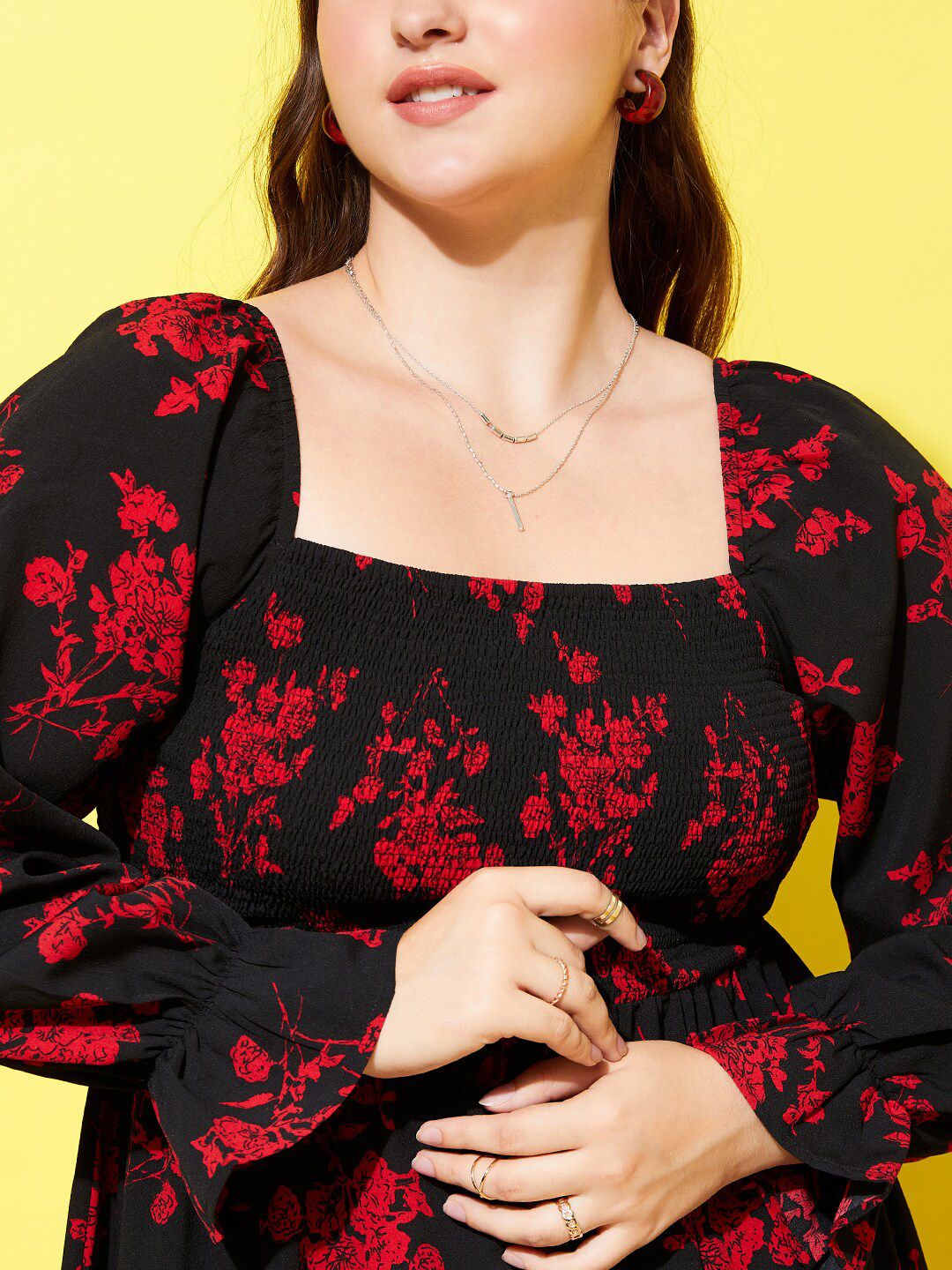 Berrylush Curve Black Floral Printed Smocked Fit & Flare Dress