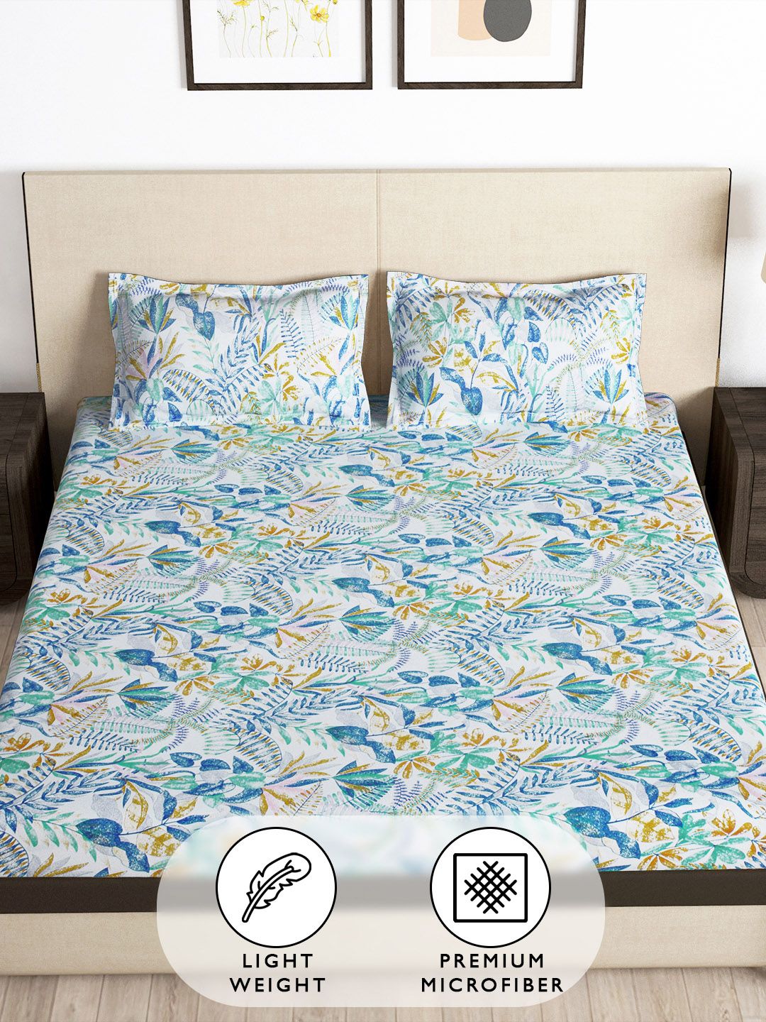 Story@home Arena White & Blue Floral 180 TC Fitted King Bedsheet With 2 Pillow Covers