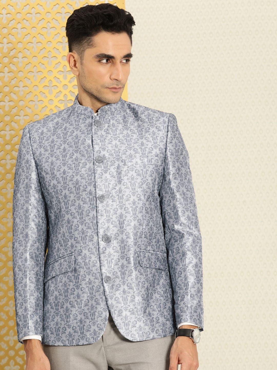 House of Pataudi Jashn Mandarin Collar Self-Design Embroidered Bandhgala Blazer