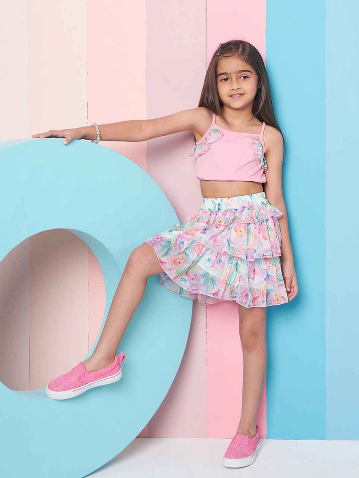 pspeaches Girls Round Neck Ruffled Top with Skirt