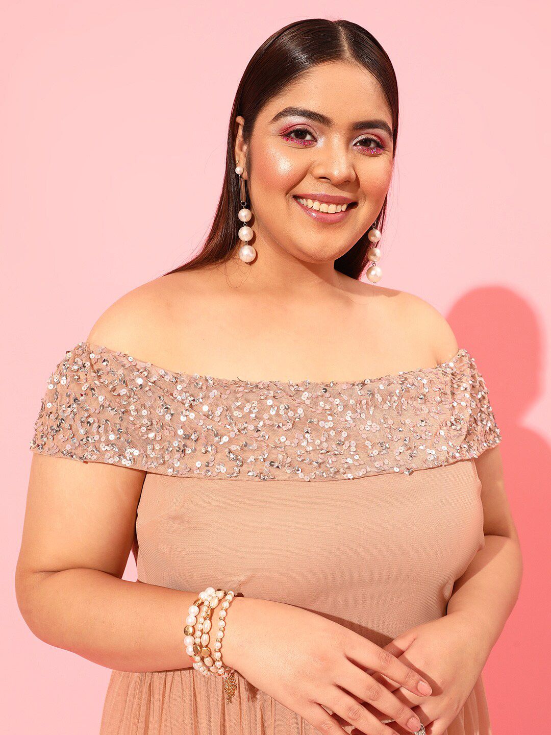 CURVY STREET Peach Plus Size Embellished Net Dress