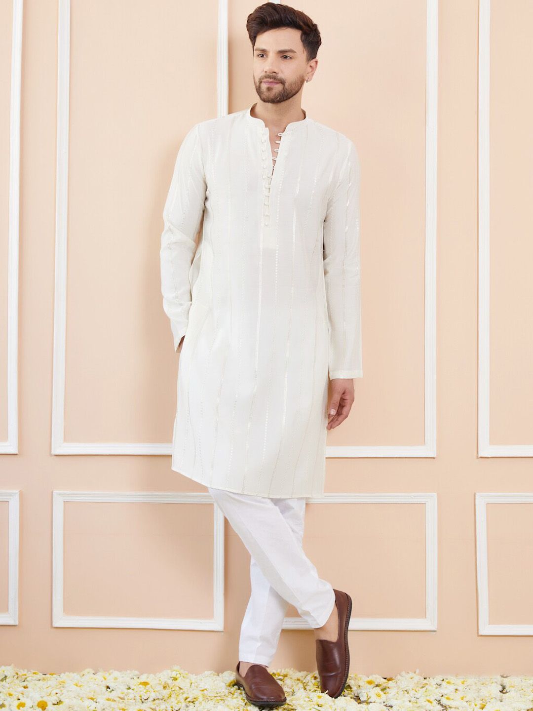 See Designs Mandarin Collar Long Sleeves Chanderi Silk Kurta
