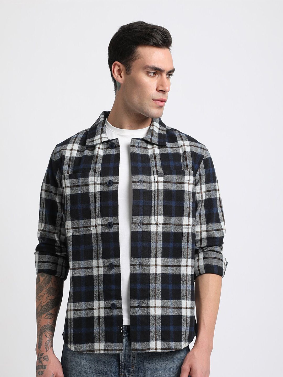 THE BEAR HOUSE Men Checked Regular Fit Heavy Flannel Pure Cotton Shacket