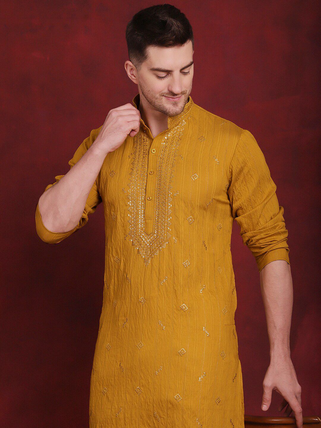 Jompers Yellow Embroidered Regular Sequinned Straight Kurta With Pyjamas