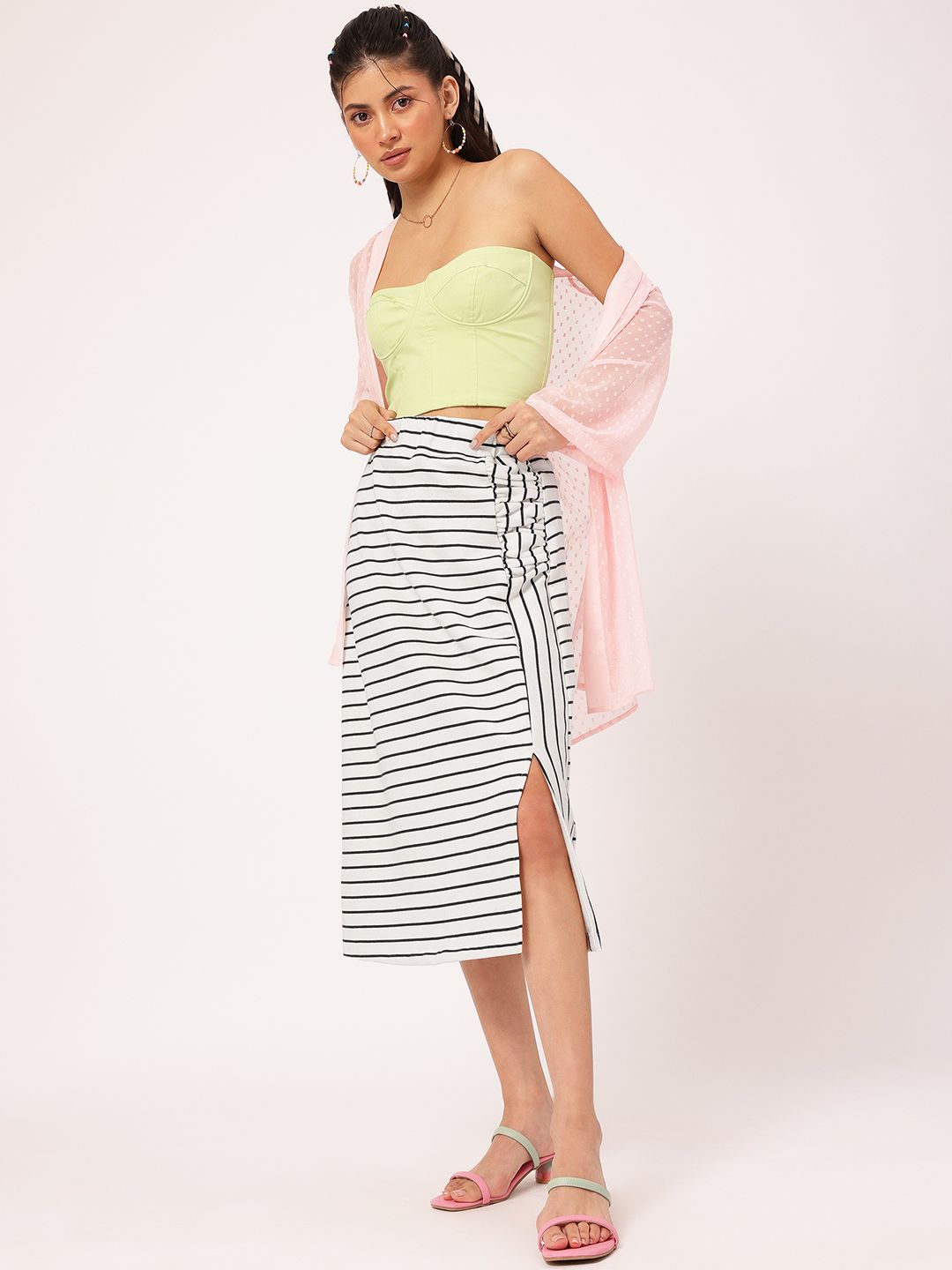 DressBerry Minimal Mono Side-Slit Comfy Cotton Striped Straight Skirt