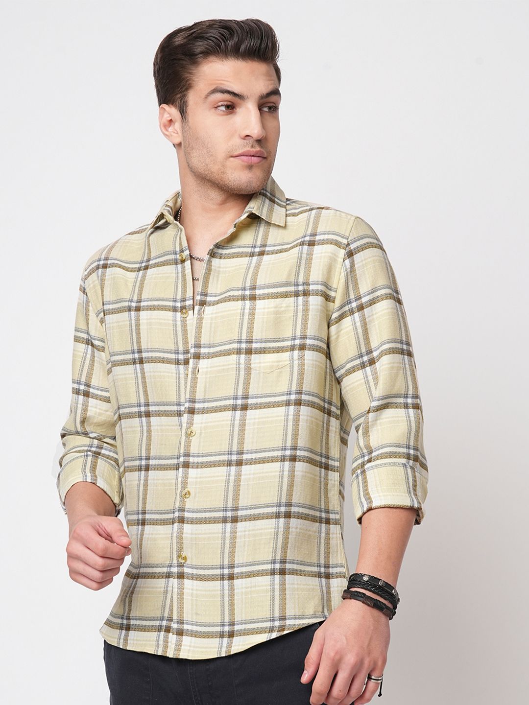 VASTRADO Men Classic Slim Fit Opaque Checked Pure Cotton Casual Shirt