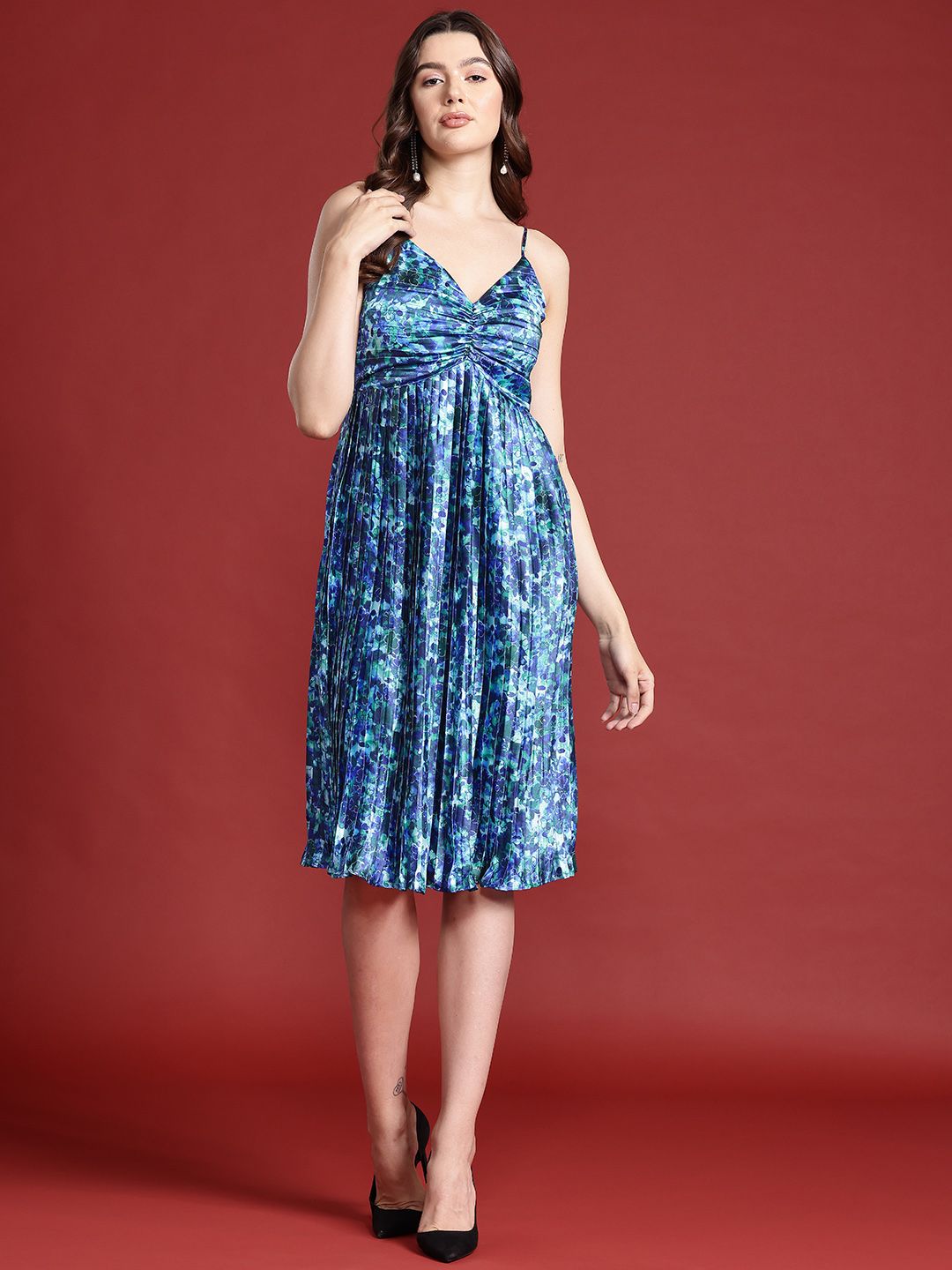 all about you Floral Print Accordion Pleated Ruched A-Line Dress