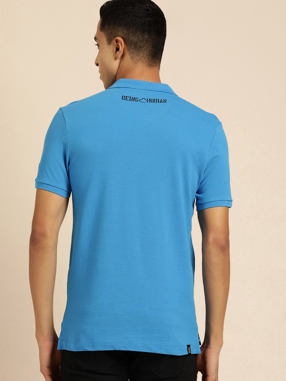 Being Human Men Blue & Black Brand Logo Printed Pure Cotton Polo Collar T-shirt