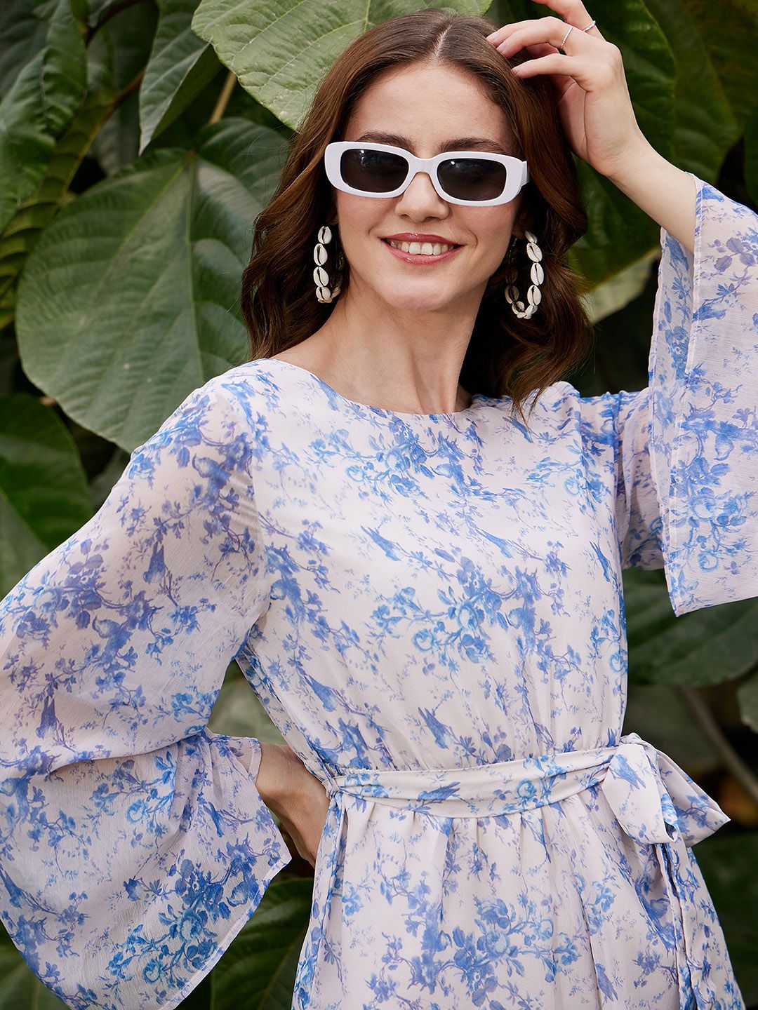 SASSAFRAS Floral Printed Boat Neck Long Sleeves Playsuit with Belt