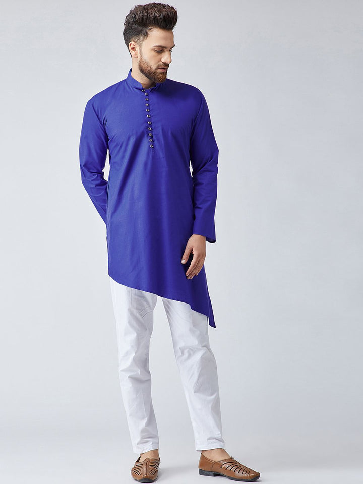 SOJANYA Men Blue Solid Asymmetric Hemline Straight Kurta