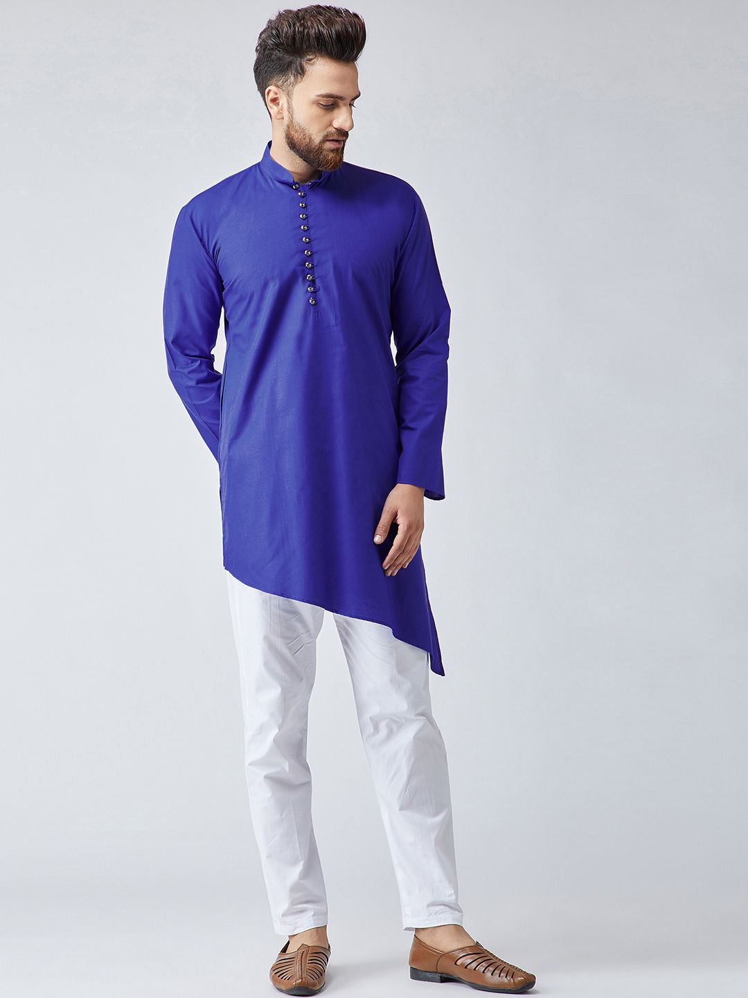 SOJANYA Men Blue Solid Asymmetric Hemline Straight Kurta