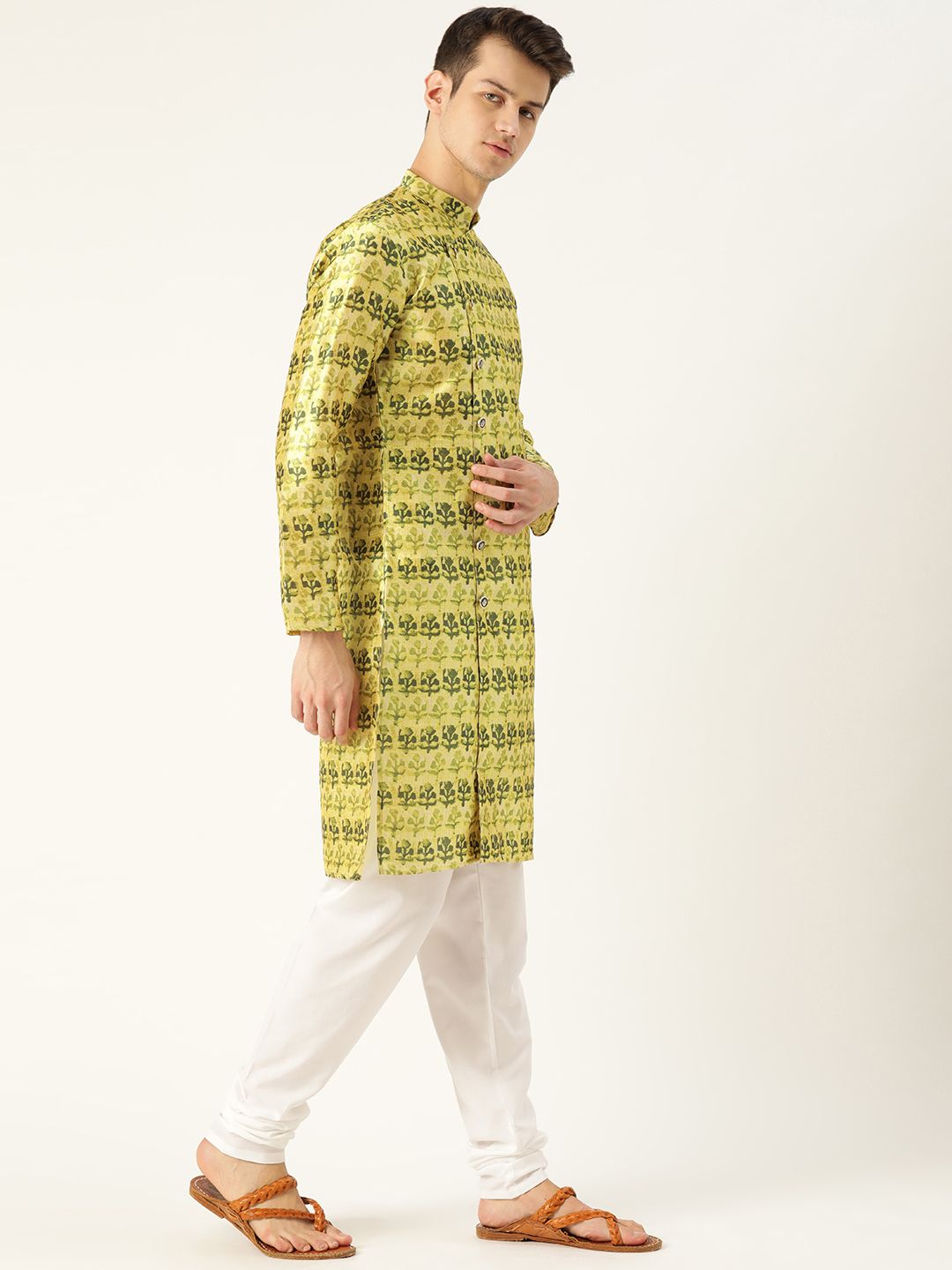 SOJANYA Men Green Printed Angrakha Straight Kurta
