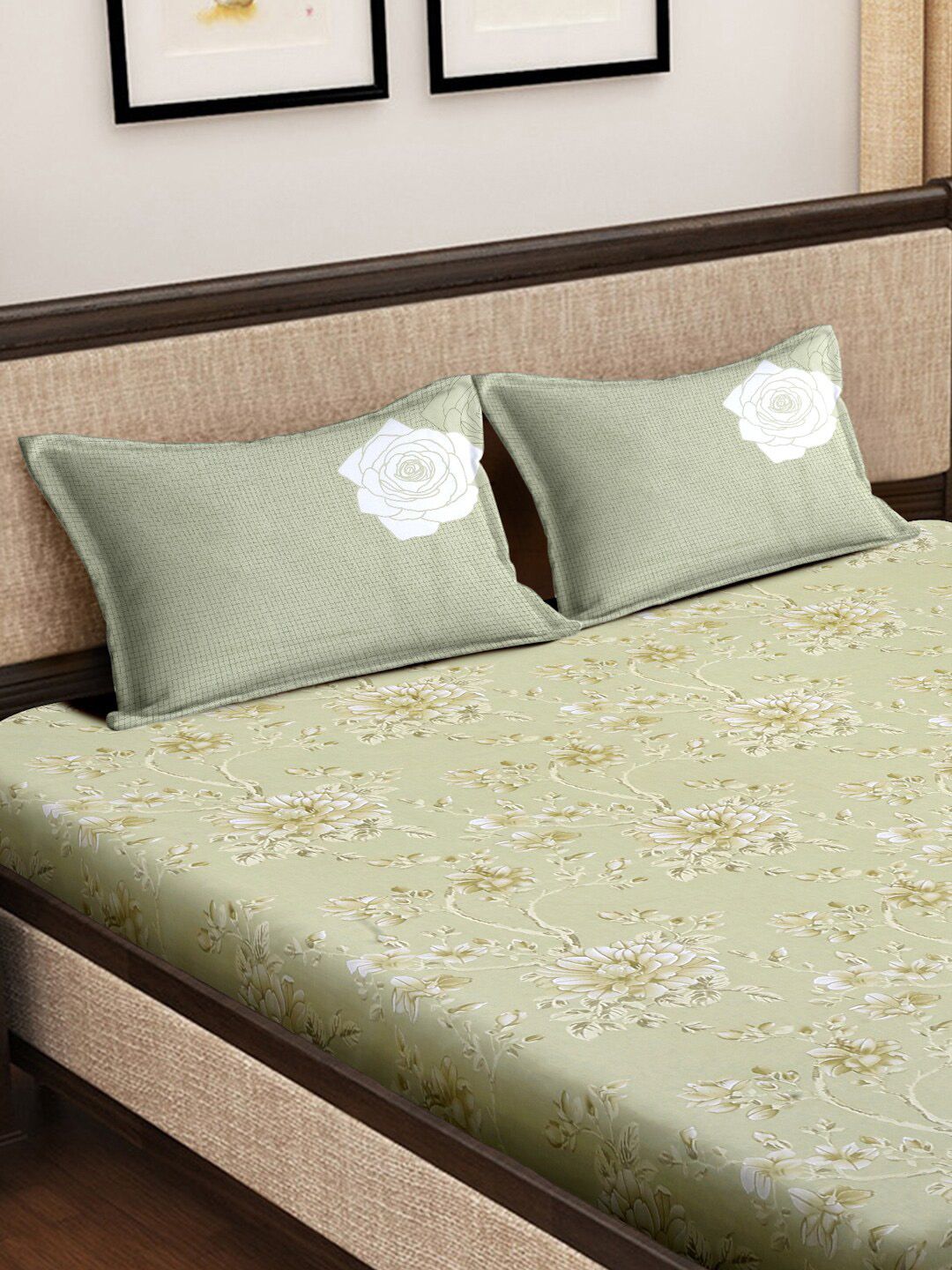 KLOTTHE Printed 400 TC Pure Cotton Fitted Super King Double Bedsheet & 2 Pillow Covers