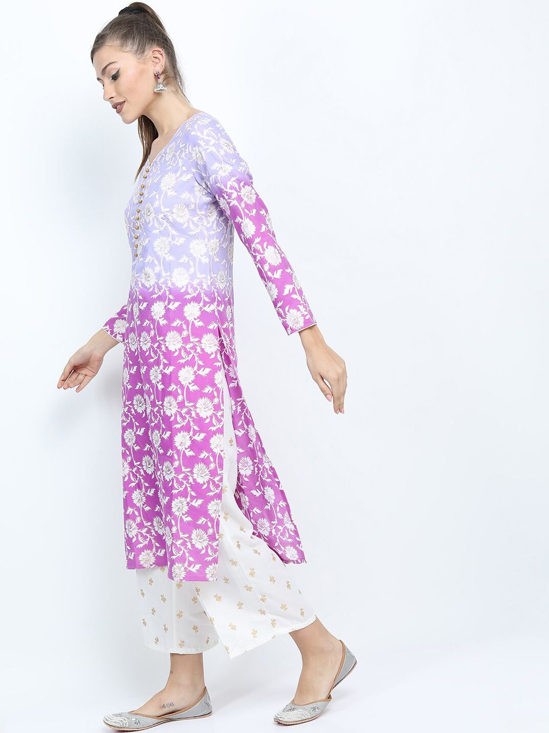 Vishudh Women Mauve Floral Printed High Slit Kurta with Palazzo & Dupatta