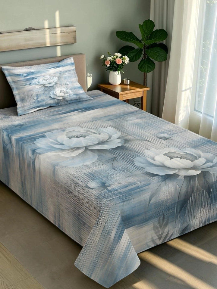 Moda Rapido X KLOTTHE Blue Floral 400 TC Single Bedsheet with 1 Pillow Covers