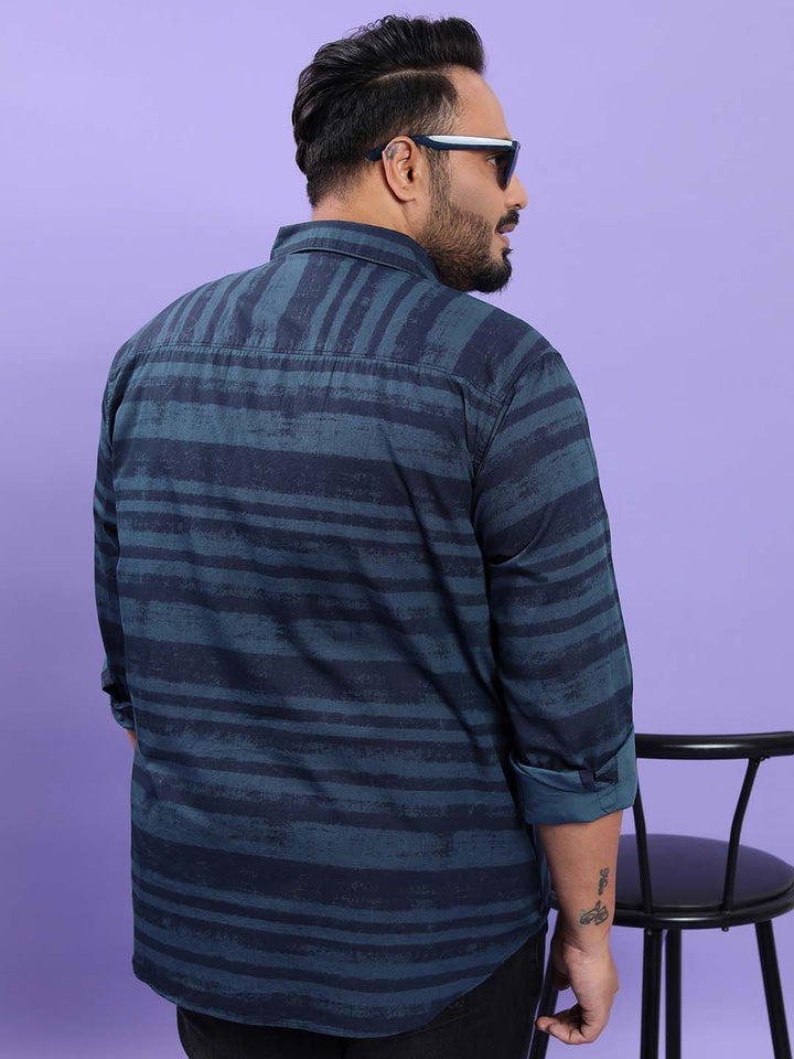 HIGHLANDER Plus Size Horizontal Striped Cotton Casual Shirt