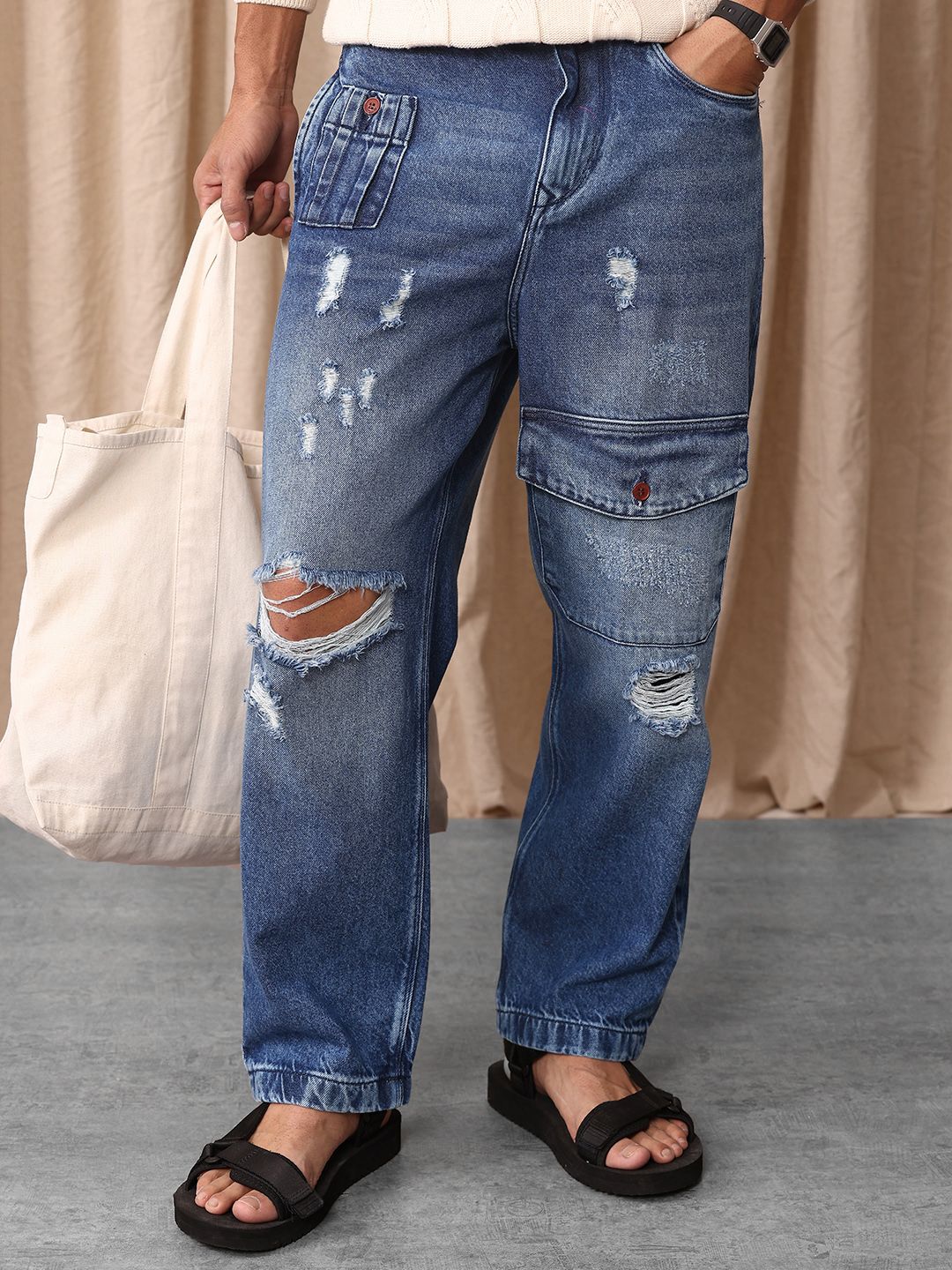 Mr Bowerbird Men Pure Cotton Oversized Fit Mildly Distressed Heavy Fade Cargo Style Jeans