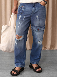 Mr Bowerbird Men Pure Cotton Oversized Fit Mildly Distressed Heavy Fade Cargo Style Jeans